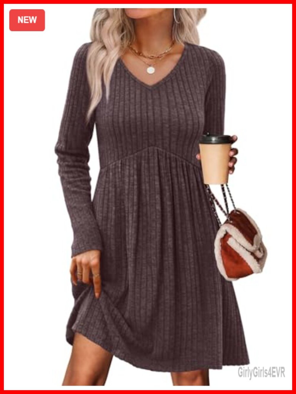Long Sleeve Sweater Dress V Neck Empire Waist Babydoll Casual with Pockets